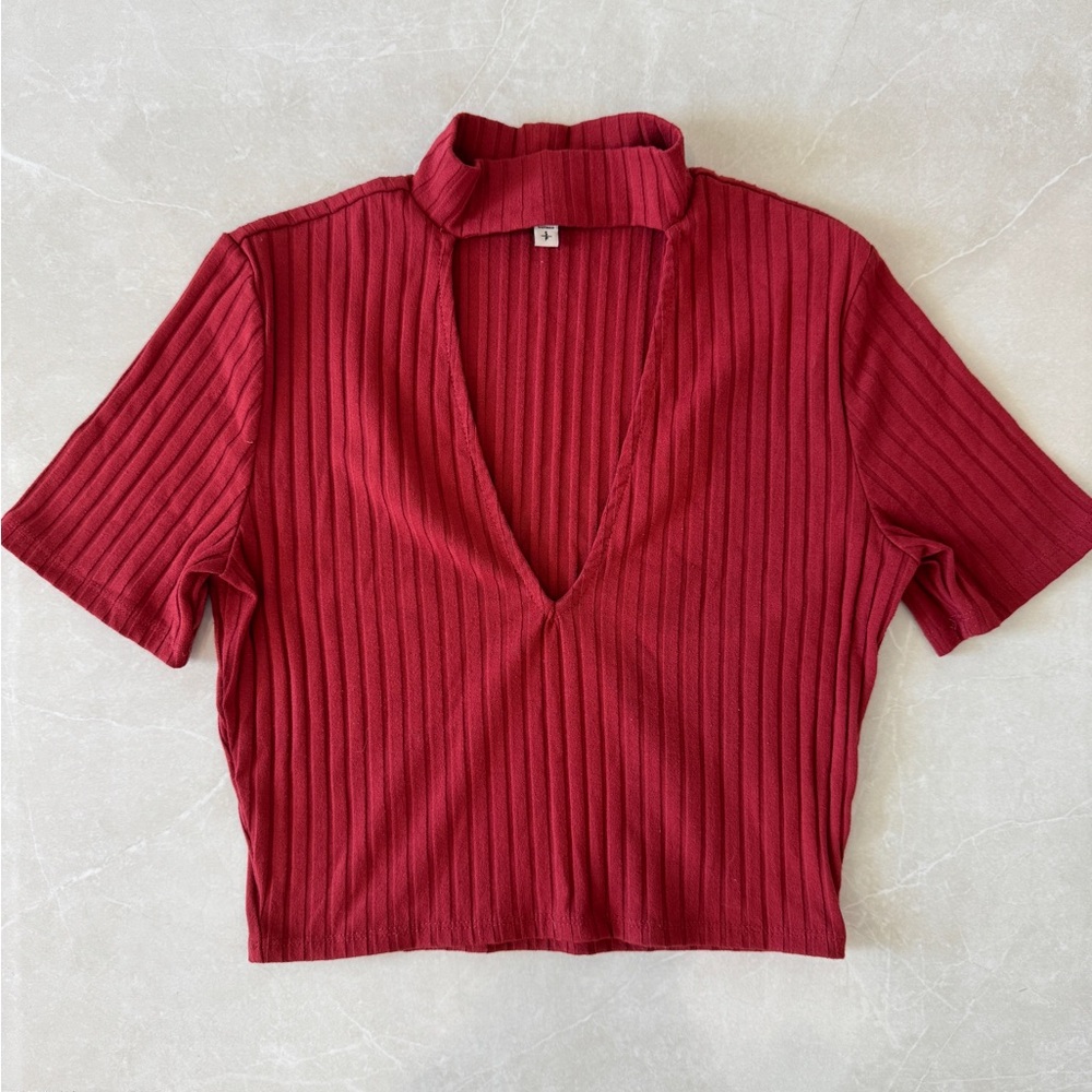 Express Ribbed Cut Out V-Neck Top